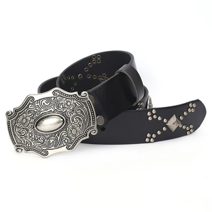 Cinturón de cuero con tachuelas y remaches con hebilla floral estilo punk para hombre
