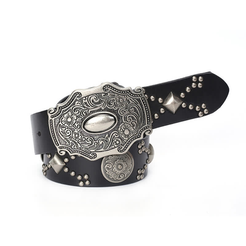 Cinturón de cuero con tachuelas y remaches con hebilla floral estilo punk para hombre