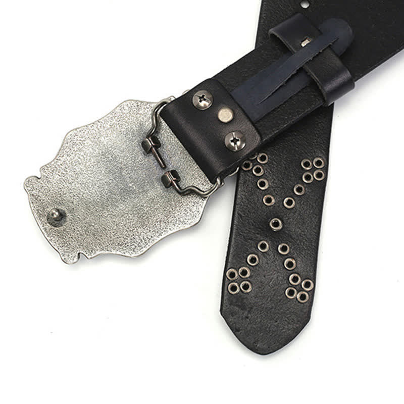Cinturón de cuero con tachuelas y remaches con hebilla floral estilo punk para hombre