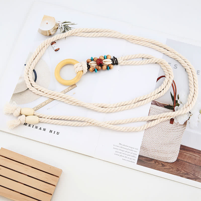 Cinturón de cuerda estilo bohemio con eslabones de anillo y decoración tribal para mujer