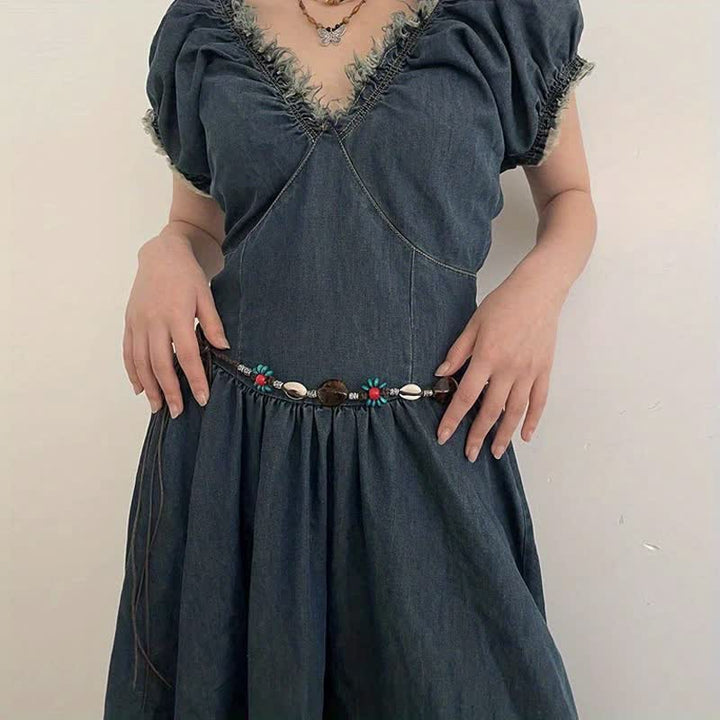 Cinturón de cuerda trenzada estilo bohemio con flores y cuentas para mujer