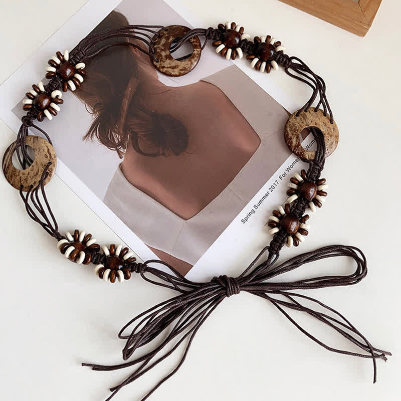 Cinturón de cuerda trenzada con cordones y cuentas estilo bohemio para mujer