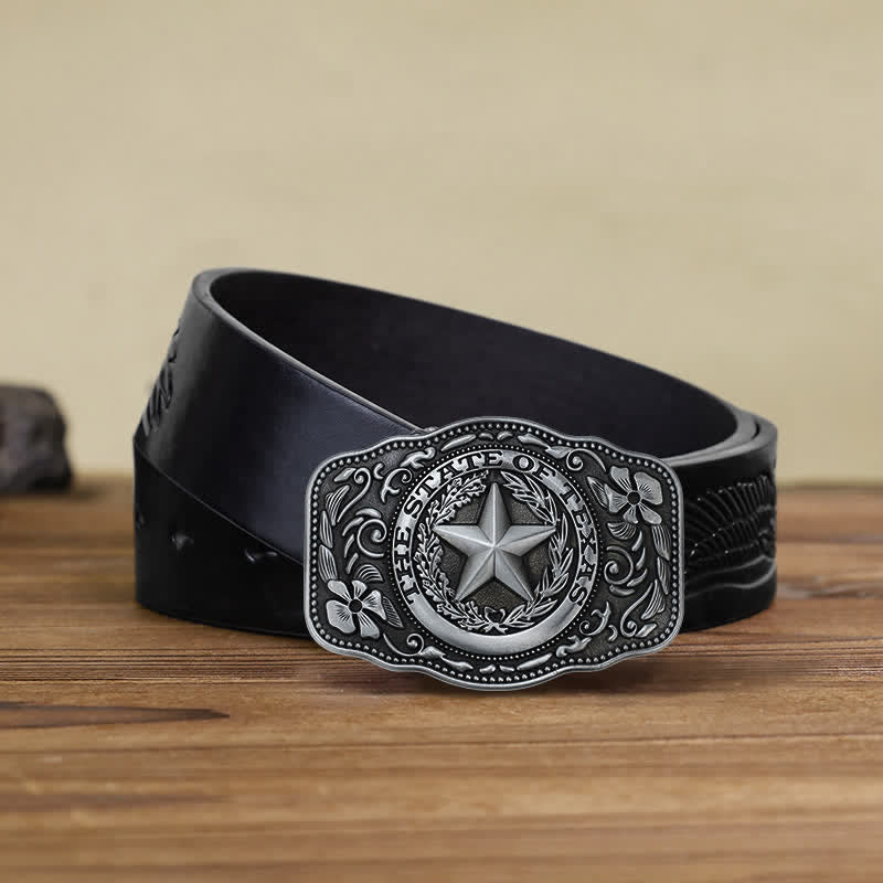 Cinturón de cuero con hebilla del estado de Texas de cinco estrellas para hombre hecho a mano