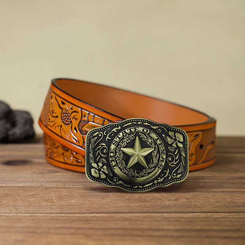 Cinturón de cuero con hebilla del estado de Texas de cinco estrellas para hombre hecho a mano