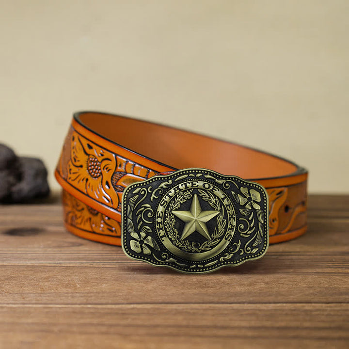 Cinturón de cuero con hebilla del estado de Texas de cinco estrellas para hombre hecho a mano