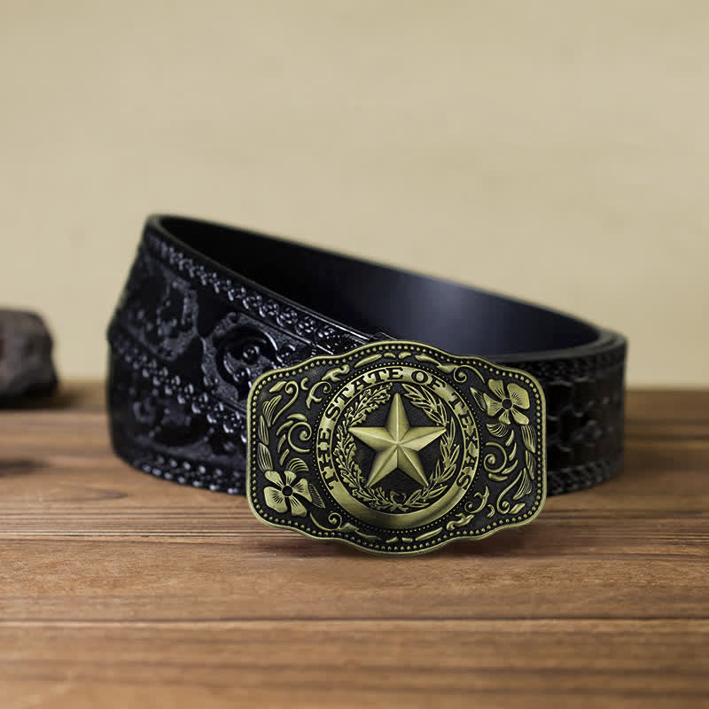 Cinturón de cuero con hebilla del estado de Texas de cinco estrellas para hombre hecho a mano