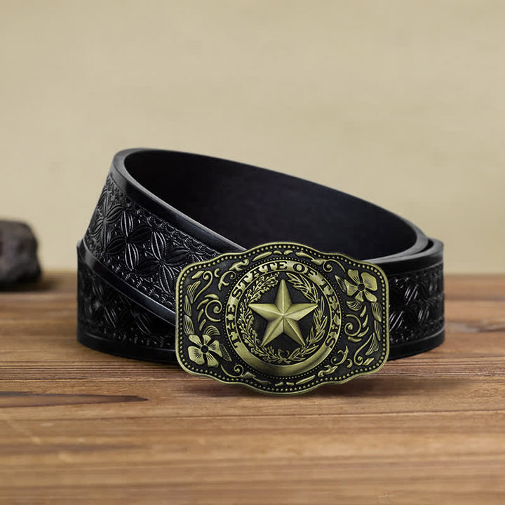 Cinturón de cuero con hebilla del estado de Texas de cinco estrellas para hombre hecho a mano
