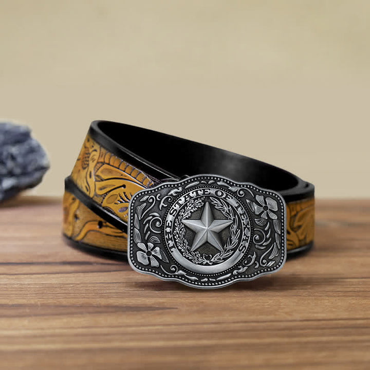 Cinturón de cuero con hebilla del estado de Texas de cinco estrellas para hombre hecho a mano