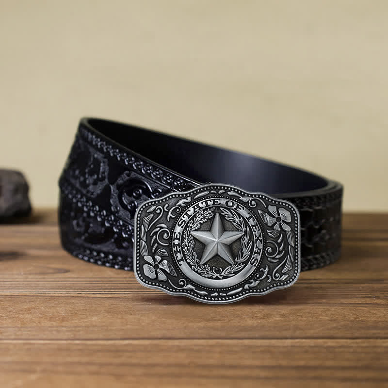 Cinturón de cuero con hebilla del estado de Texas de cinco estrellas para hombre hecho a mano