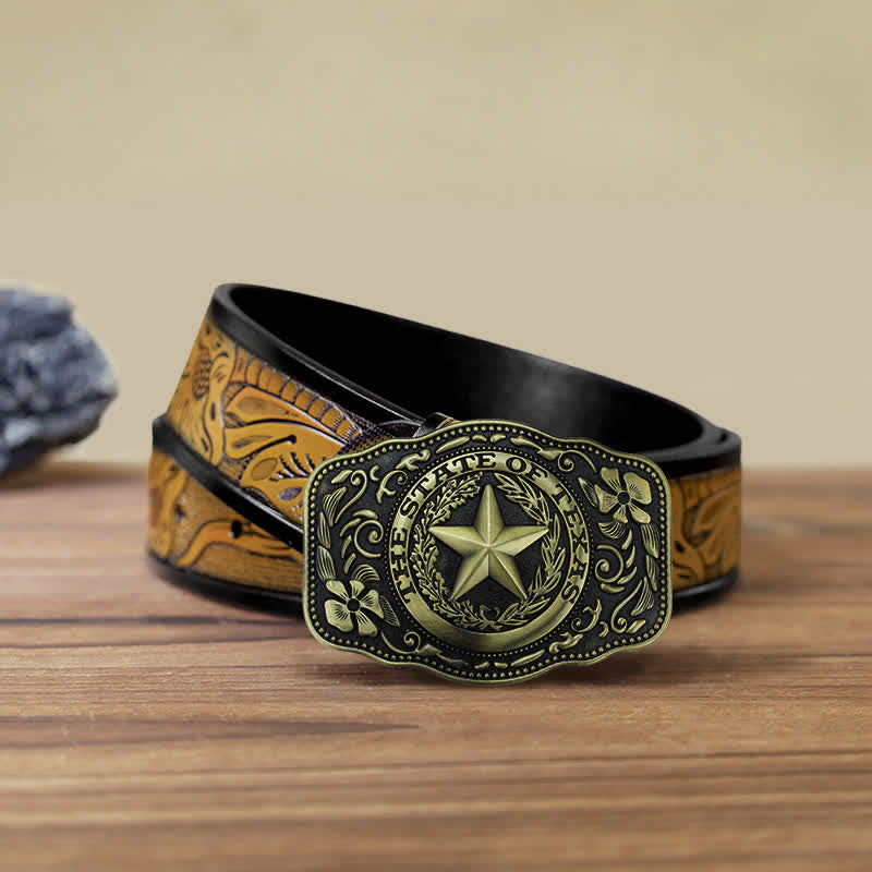 Cinturón de cuero con hebilla del estado de Texas de cinco estrellas para hombre hecho a mano