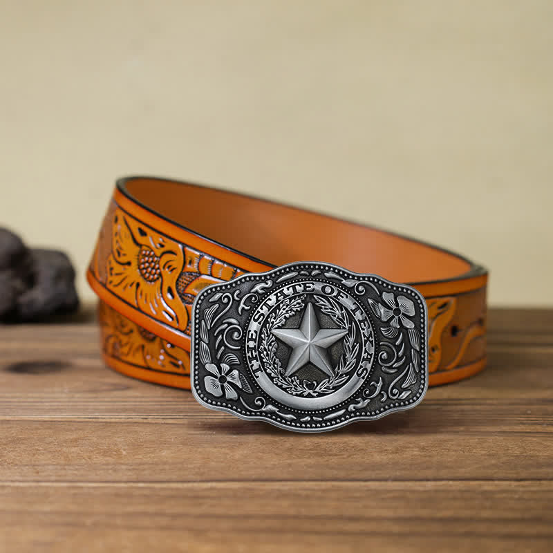 Cinturón de cuero con hebilla del estado de Texas de cinco estrellas para hombre hecho a mano