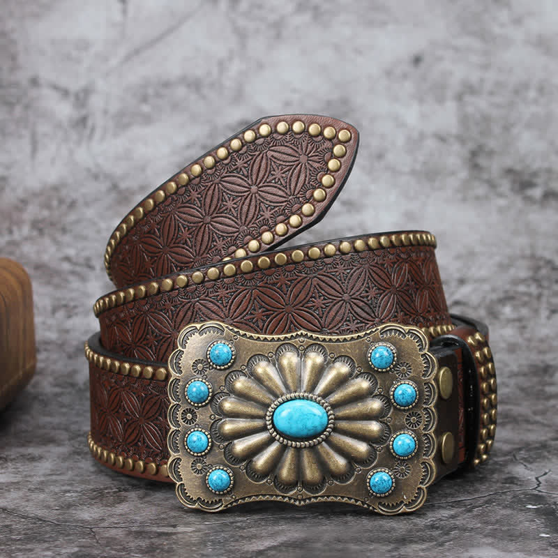 Cinturón de cuero con adornos de piedra turquesa estilo occidental para hombre
