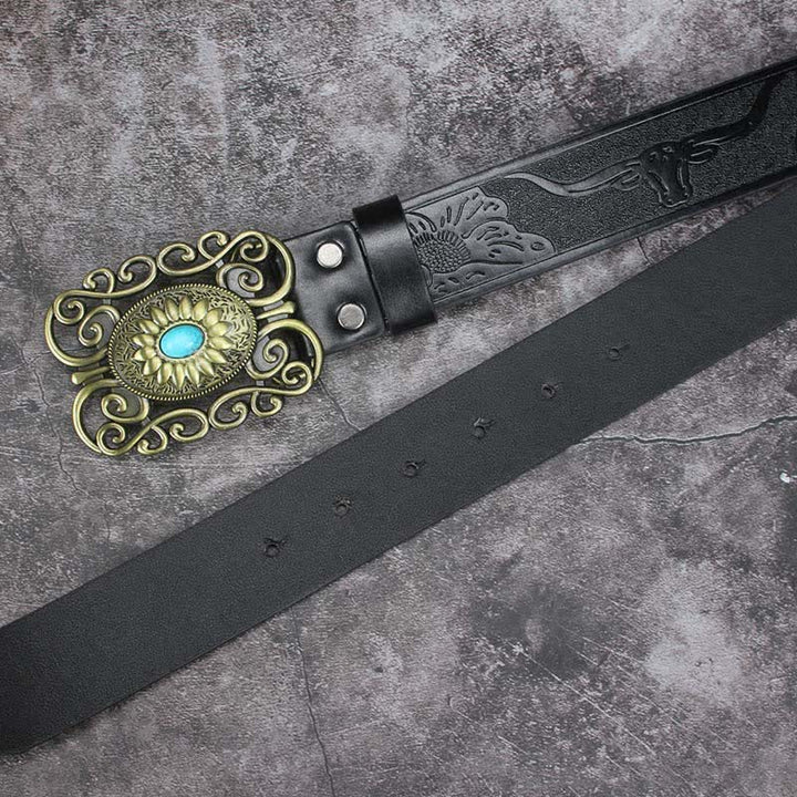 Cinturón de cuero con incrustaciones de turquesa y hebilla hueca para hombre