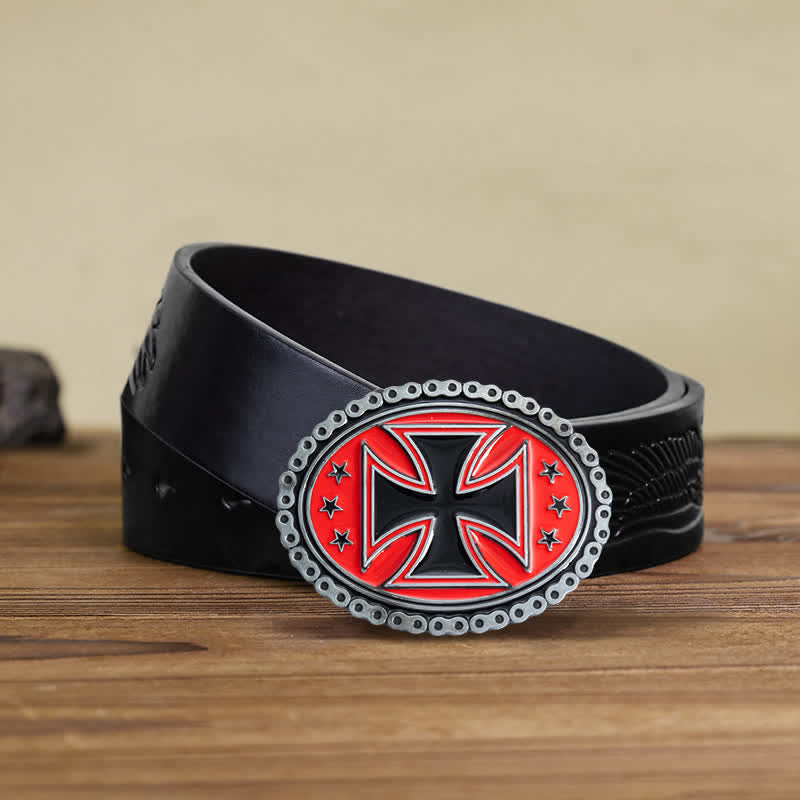 Cinturón de cuero con hebilla de motocicleta con cruz religiosa para hombre hecho a mano