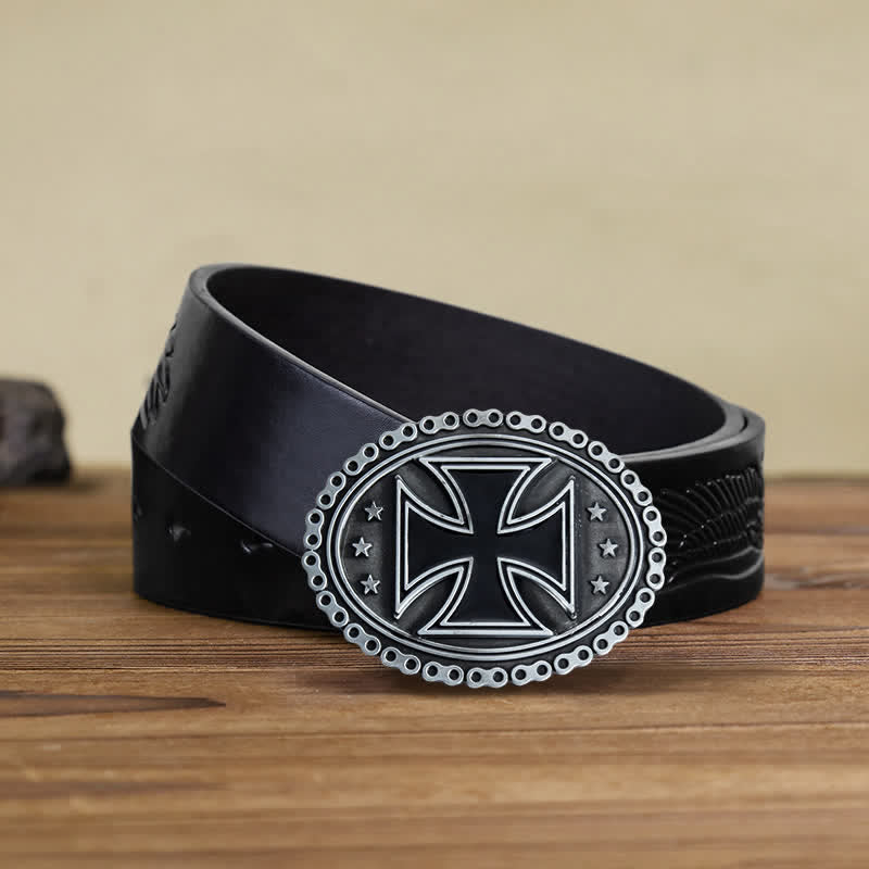 Cinturón de cuero con hebilla de motocicleta con cruz religiosa para hombre hecho a mano