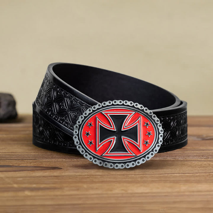Cinturón de cuero con hebilla de motocicleta con cruz religiosa para hombre hecho a mano