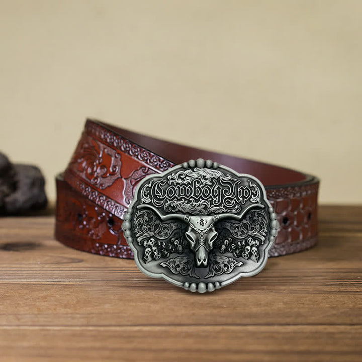 Cinturón de cuero con hebilla de toro y calavera gótica de vaquero para hombre hecho a mano