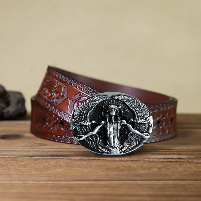 Cinturón de cuero con hebilla de gran espíritu indio para hombre, hecho a mano