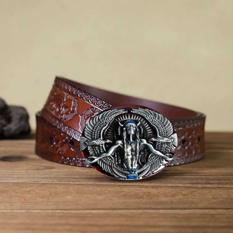 Cinturón de cuero con hebilla de gran espíritu indio para hombre, hecho a mano