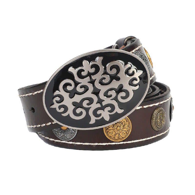 Cinturón de cuero con remaches de cabeza de león y flores talladas de estilo étnico para hombre