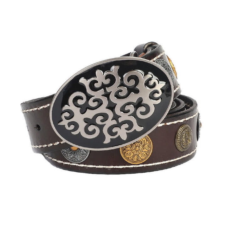 Cinturón de cuero con remaches de cabeza de león y flores talladas de estilo étnico para hombre