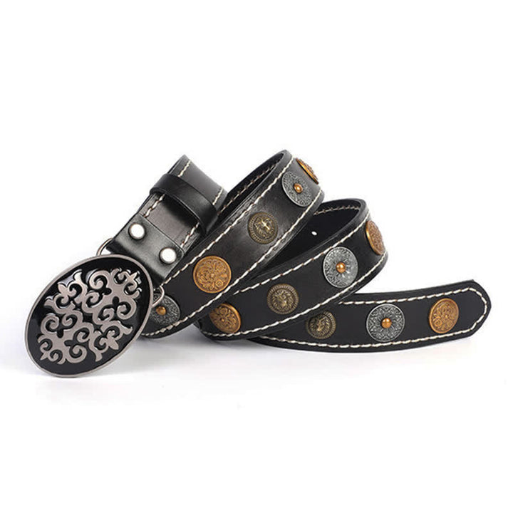 Cinturón de cuero con remaches de cabeza de león y flores talladas de estilo étnico para hombre