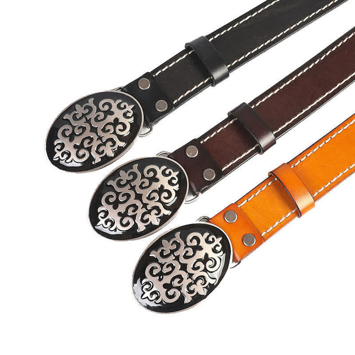 Cinturón de cuero con remaches de cabeza de león y flores talladas de estilo étnico para hombre