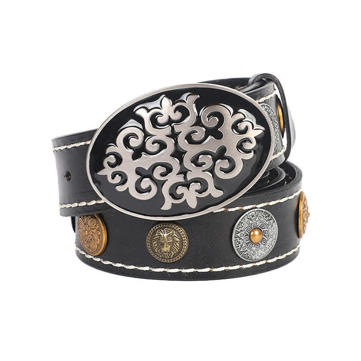 Cinturón de cuero con remaches de cabeza de león y flores talladas de estilo étnico para hombre