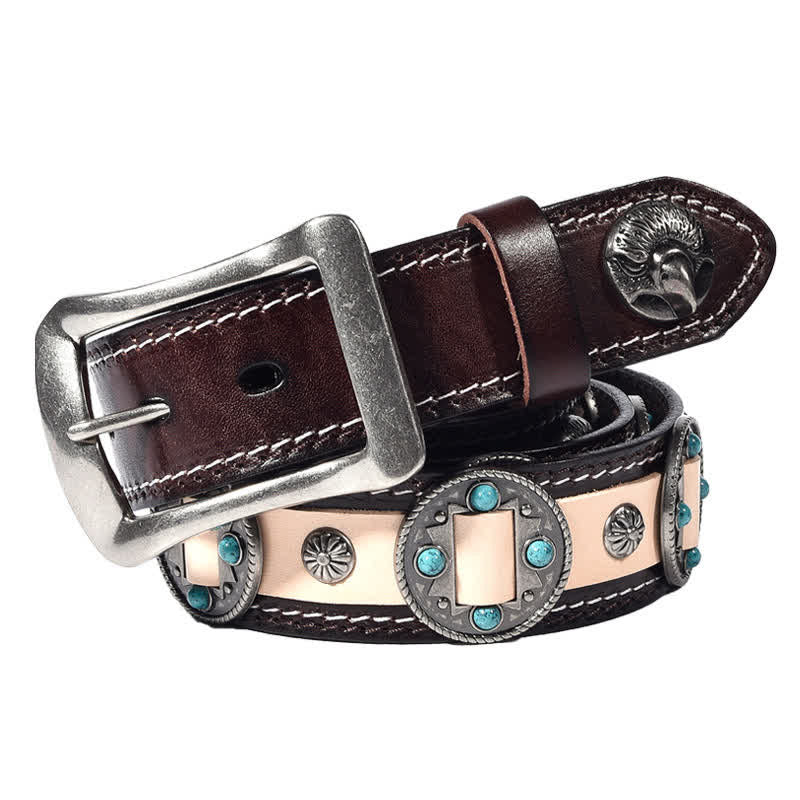 Cinturón de cuero con tachuelas y flores con incrustaciones turquesas para hombre