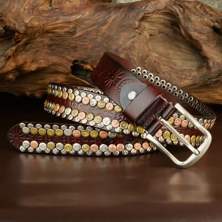 Cinturón de cuero con tachuelas y botones multicolores para hombre