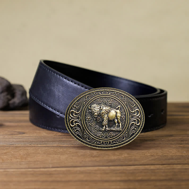 Cinturón de cuero con hebilla de oso y toro para hombre, hecho a mano, con diseño de animales salvajes