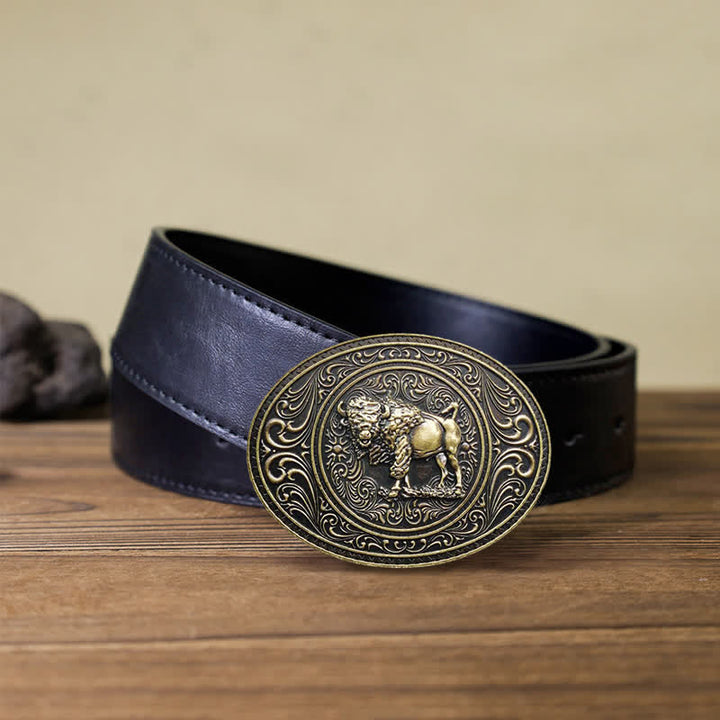 Cinturón de cuero con hebilla de oso y toro para hombre, hecho a mano, con diseño de animales salvajes
