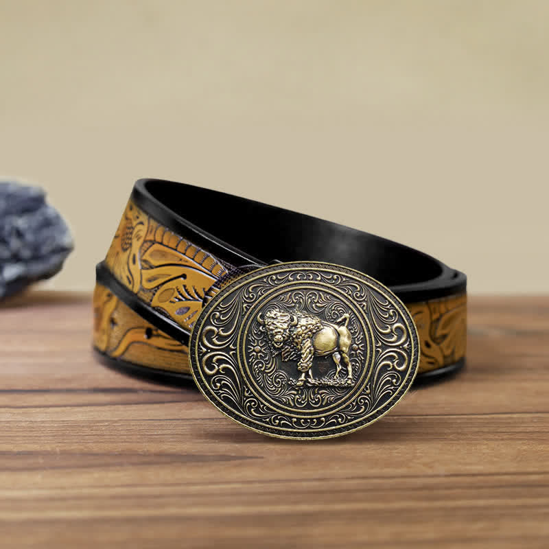 Cinturón de cuero con hebilla de oso y toro para hombre, hecho a mano, con diseño de animales salvajes