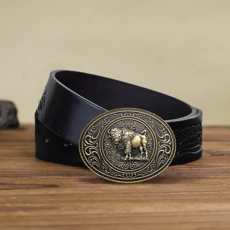 Cinturón de cuero con hebilla de oso y toro para hombre, hecho a mano, con diseño de animales salvajes