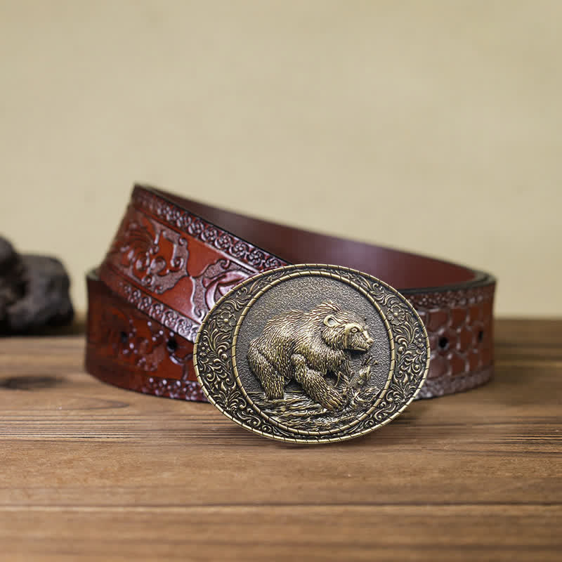Cinturón de cuero con hebilla de oso y toro para hombre, hecho a mano, con diseño de animales salvajes