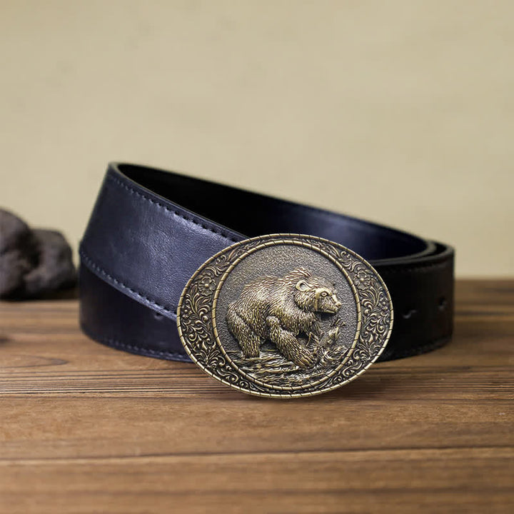 Cinturón de cuero con hebilla de oso y toro para hombre, hecho a mano, con diseño de animales salvajes