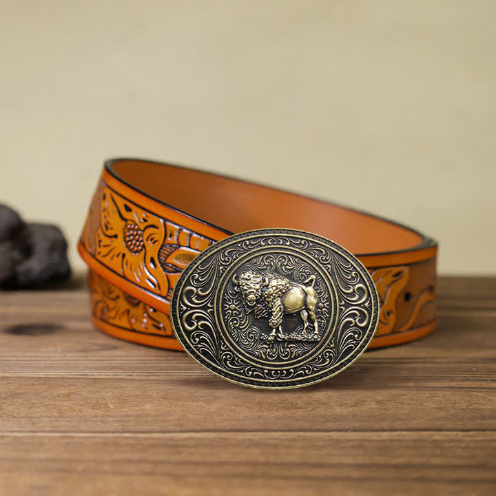 Cinturón de cuero con hebilla de oso y toro para hombre, hecho a mano, con diseño de animales salvajes