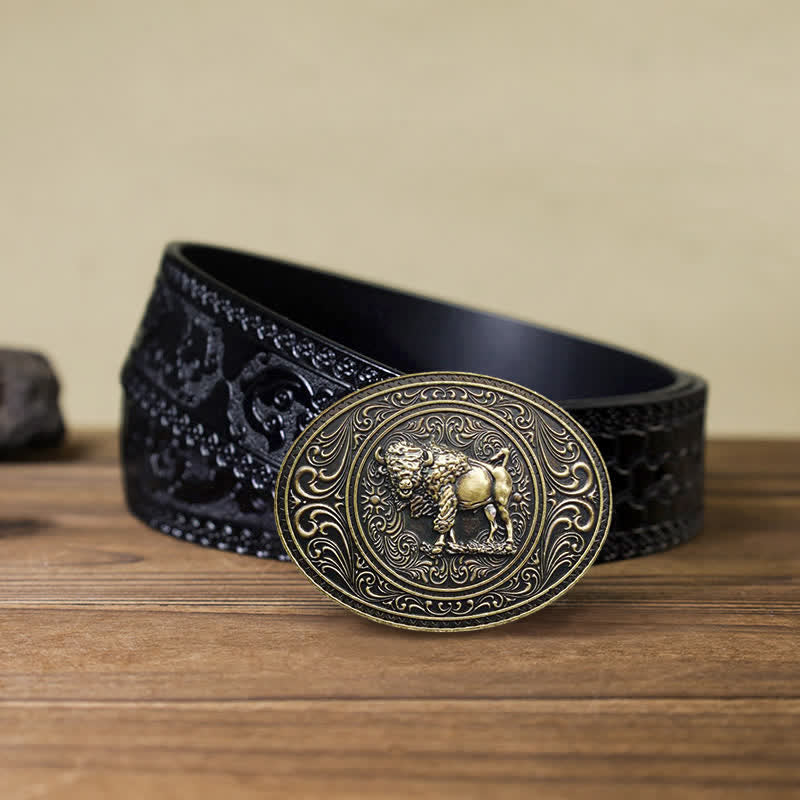 Cinturón de cuero con hebilla de oso y toro para hombre, hecho a mano, con diseño de animales salvajes