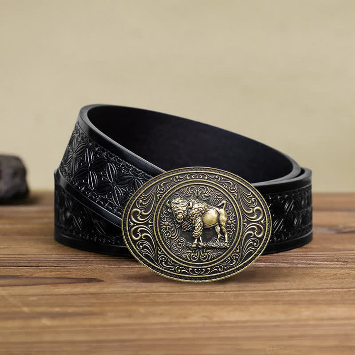 Cinturón de cuero con hebilla de oso y toro para hombre, hecho a mano, con diseño de animales salvajes