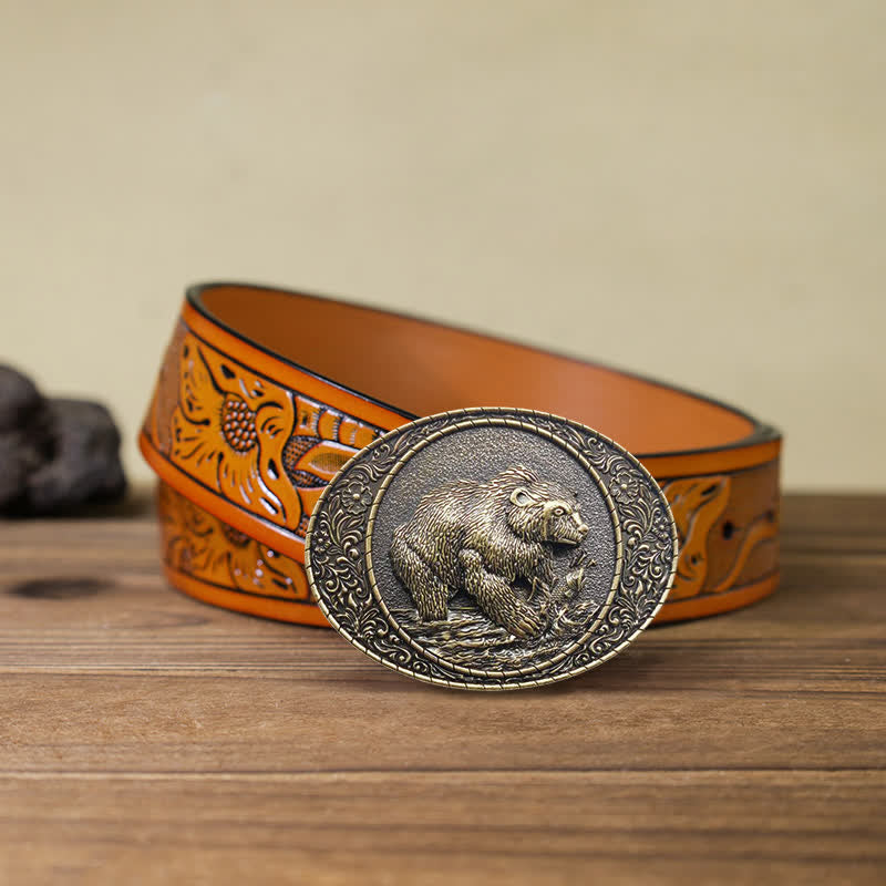Cinturón de cuero con hebilla de oso y toro para hombre, hecho a mano, con diseño de animales salvajes