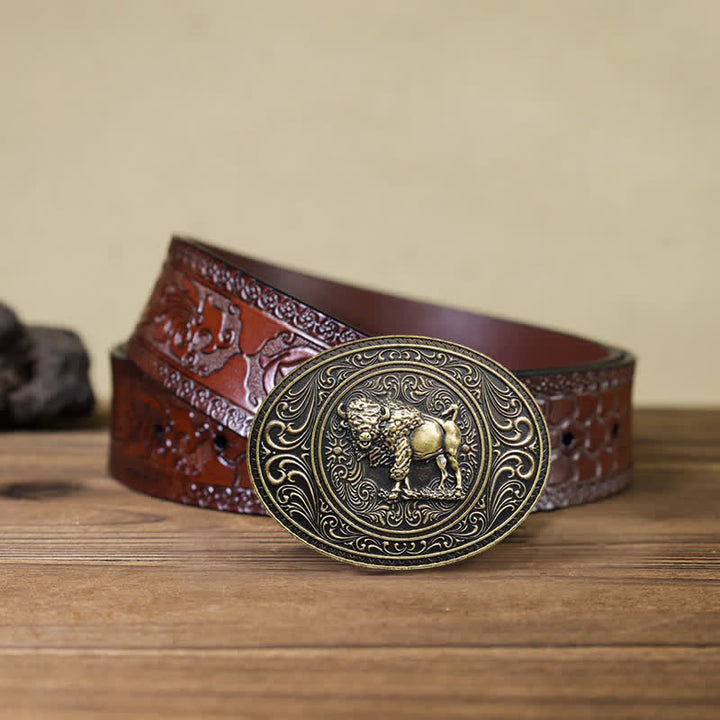 Cinturón de cuero con hebilla de oso y toro para hombre, hecho a mano, con diseño de animales salvajes