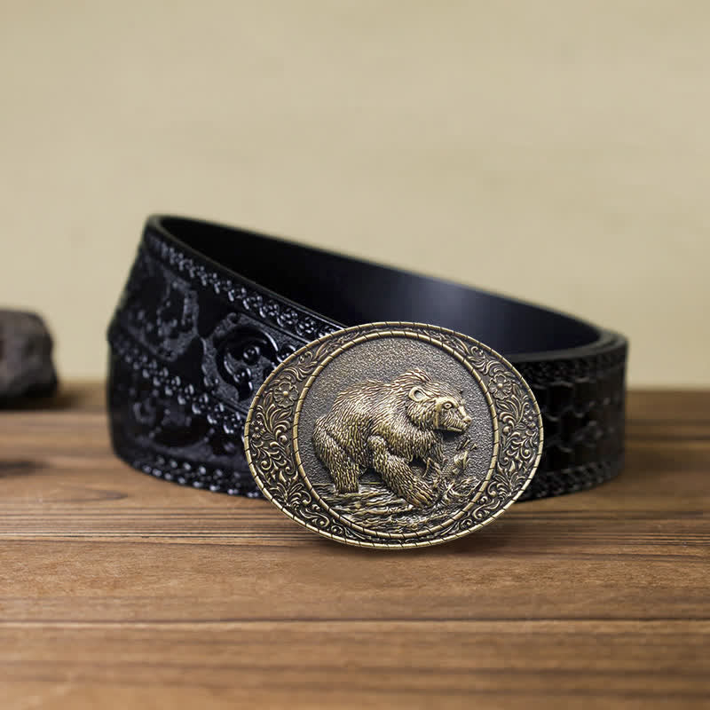 Cinturón de cuero con hebilla de oso y toro para hombre, hecho a mano, con diseño de animales salvajes