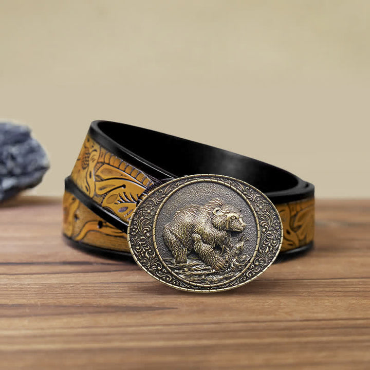 Cinturón de cuero con hebilla de oso y toro para hombre, hecho a mano, con diseño de animales salvajes