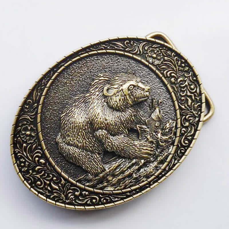 Cinturón de cuero con hebilla de oso y toro para hombre, hecho a mano, con diseño de animales salvajes