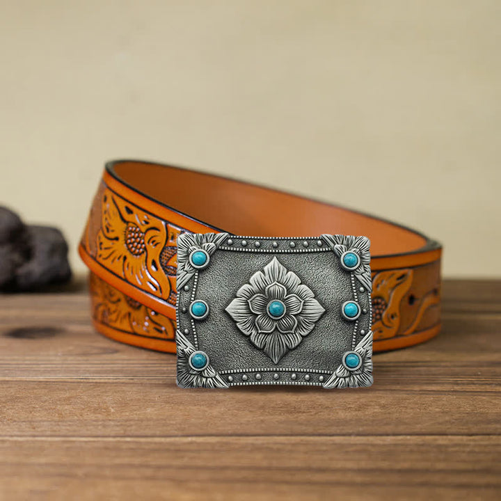 Cinturón de cuero con hebilla rectangular turquesa estilo western para hombre, hecho a mano