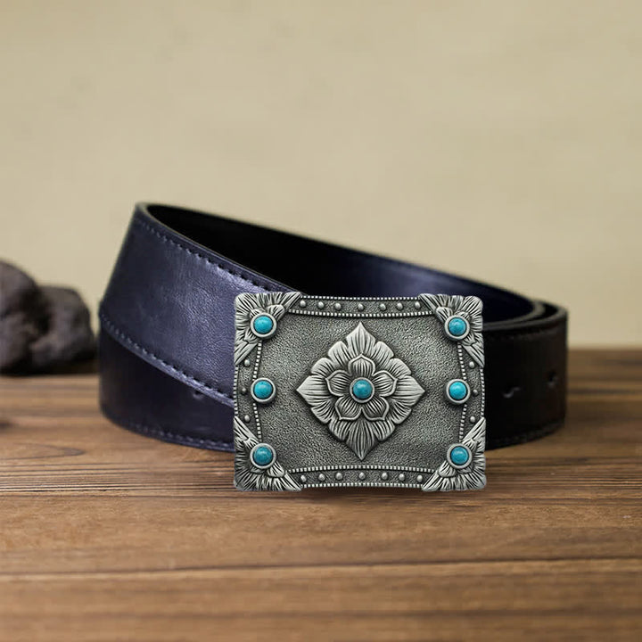 Cinturón de cuero con hebilla rectangular turquesa estilo western para hombre, hecho a mano