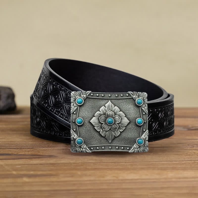 Cinturón de cuero con hebilla rectangular turquesa estilo western para hombre, hecho a mano