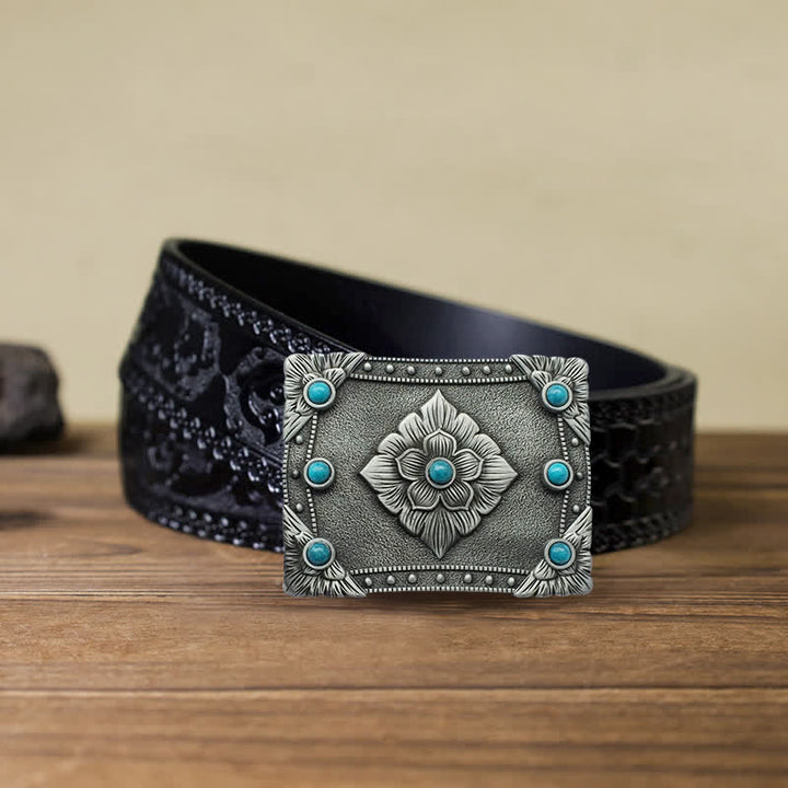 Cinturón de cuero con hebilla rectangular turquesa estilo western para hombre, hecho a mano