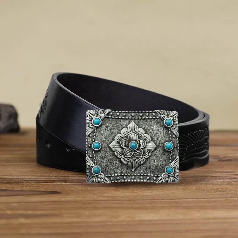 Cinturón de cuero con hebilla rectangular turquesa estilo western para hombre, hecho a mano
