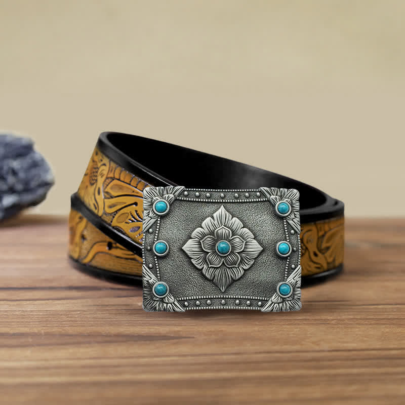 Cinturón de cuero con hebilla rectangular turquesa estilo western para hombre, hecho a mano